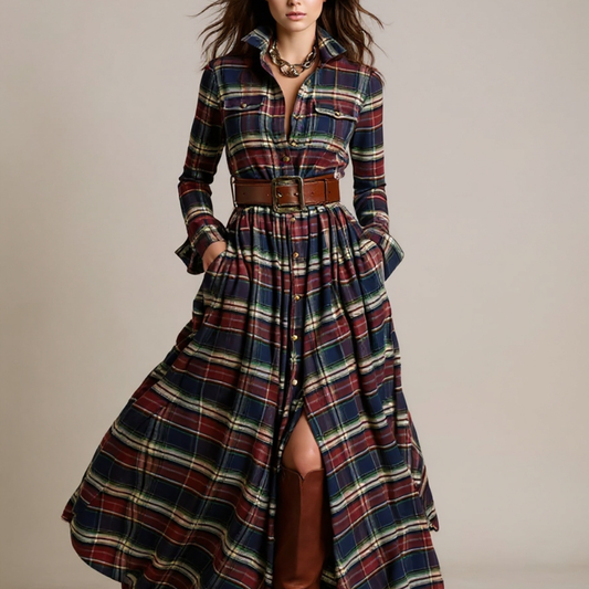 Giovanna | Vestido Maxi a Cuadros Retro con Cintura