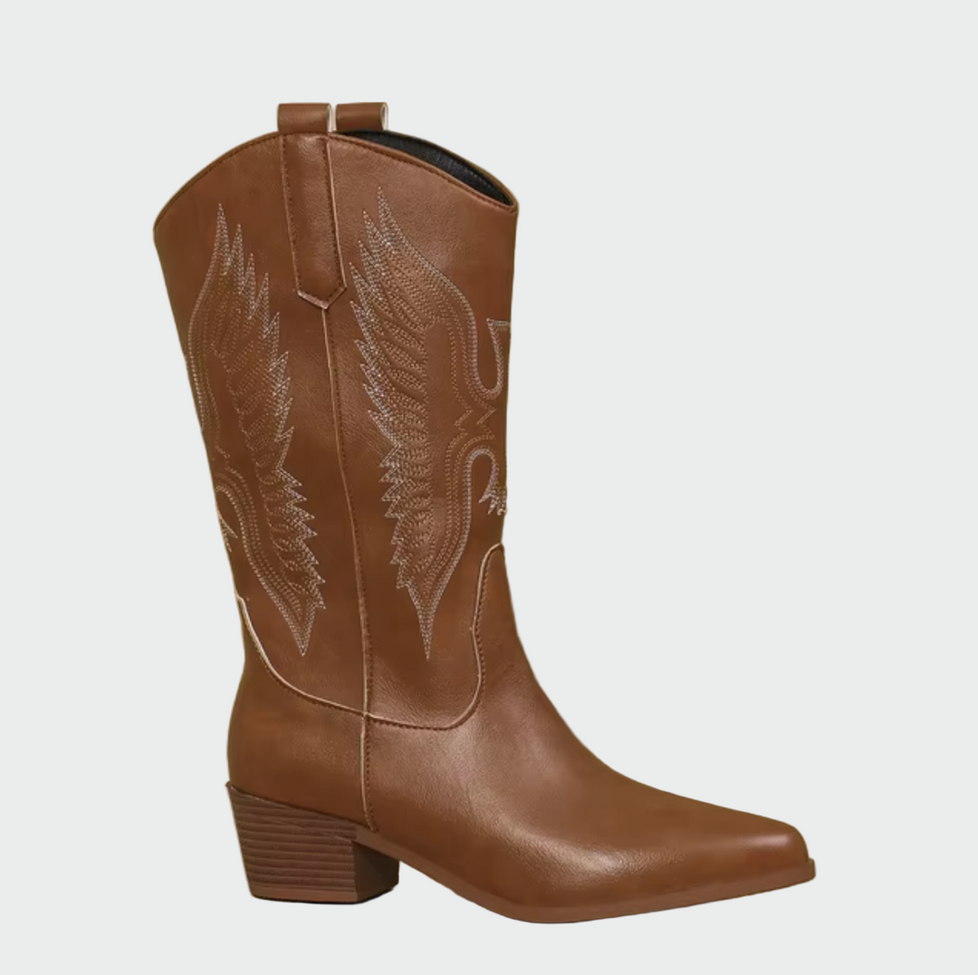 Isabella | Botas Vaqueras En Piel Negra Con Detalles Pluma