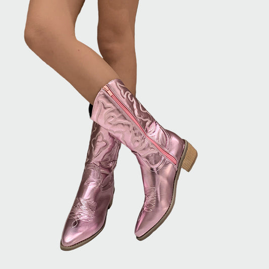 Estrella | Botines De Cowboy Metálicos En Rosa Con Bordado